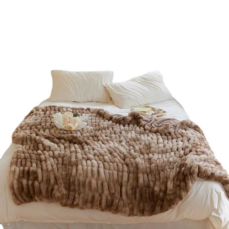 Falso designer de pele coelho pele lance cobertor personalizado esculpida cama duplo cobertor ponderado coral flanela cobertores lança