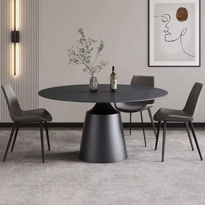 Mesa redonda de acero al carbono de lujo ligero con plato giratorio minimalista moderno hogar pequeña mesa de comedor de placa de roca de gama alta - Product Image 5