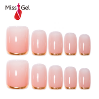 32 faux ongles carrés courts rose poudré en ABS, bordure française or rose, flexibles, couvrance totale, haute qualité, vente en gros