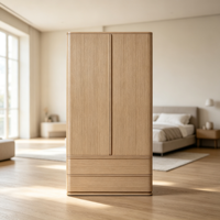 Armoire minimaliste nordique en chêne massif à 2 portes avec 2 tiroirs, tringle de suspension et sans poignées, meuble de rangement pour chambre, appartement, hôtel