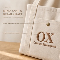 Sac fourre-tout en toile multi-poches avec logo personnalisé, bouton pression en laiton, poches extérieures pour bouteilles, monogramme brodé, sac à main pour les trajets quotidiens