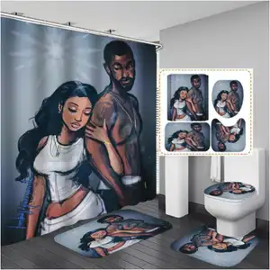 New Arrival Custom Printed African Black Couple Luxury 4 Pieces Bathroom Rug And Shower Curtain Set