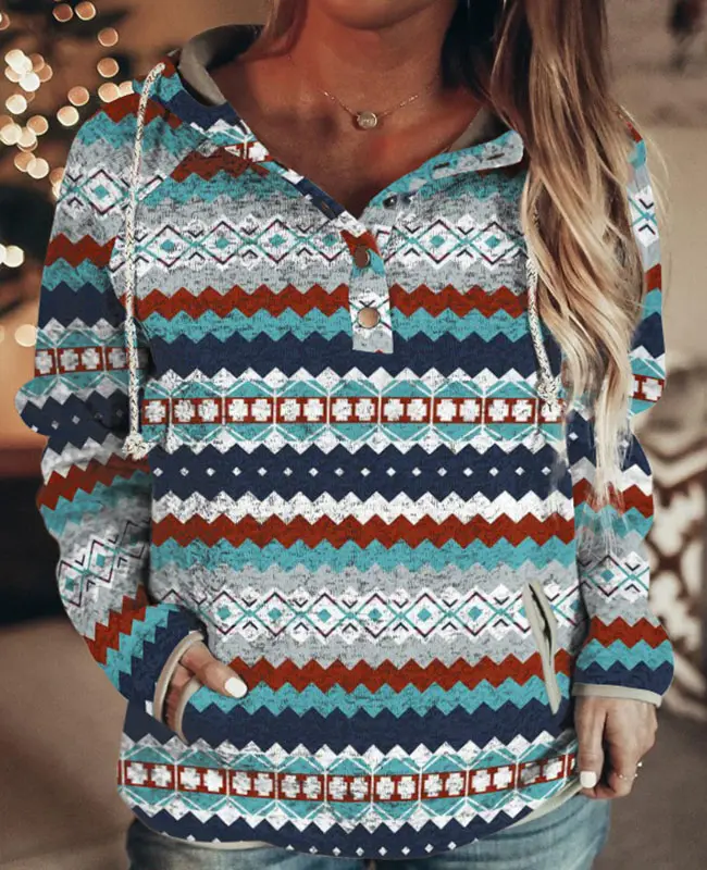 Western Style Women's Spring Autumn Aztec Print Clothing Sweatshirt Drawstring Hoodies Women Long Sleeve Stitching Hoodie