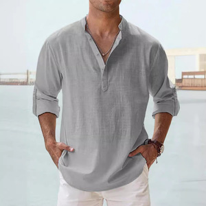 Fitspi <strong>Men</strong> Summer Cotton <strong>Shirt</strong> Casual Stand Collar Loose Fit <strong>Mens</strong> Solid Color <strong>Grandad</strong> <strong>Shirt</strong> Plus Size Tops In Stock - Product Image 4