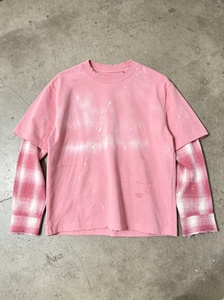 T-shirt rose oversize pour homme avec manches à carreaux contrastants et imprimé effet gouttelettes, col rond, style streetwear, 100 % coton tissé - Product Image 3