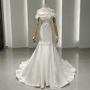 Mới đến ra khỏi vai váy cưới Thiết kế satin tinh tế với hạt & 3D hoa phụ nữ khiêm tốn váy cưới sang trọng B