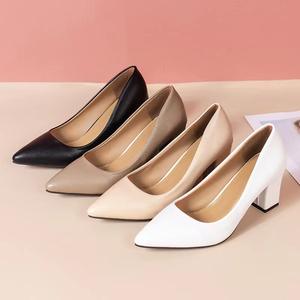7 cm Womens Chunky High Heels Closed Pointed Toe <b>Leather</b> Pumps Dress Ladies Office Pumps <b>Shoes</b> - Product Image 6