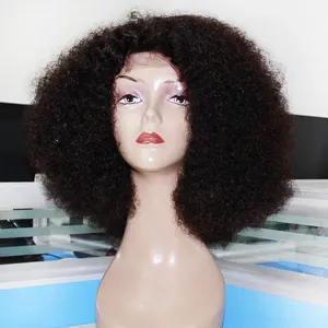 Moğolistan kısa Puf Afro Kinky kıvırcık insan saçı peruk Puf doğal 250 yoğunluk afrika dantel ön peruk siyah kadınlar için