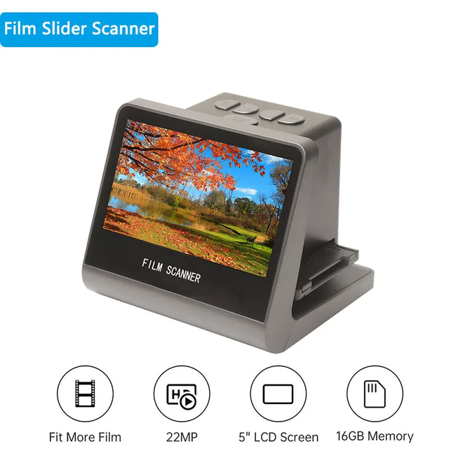 22MP Film Scanner for 135 Film 126KPK/110 Film/Super8/ Monochrome/Slide to Digital JPEG Photos Built 16GB Memory 5'' LCD Screen