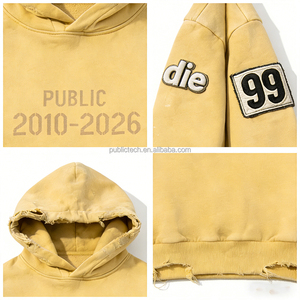 เสื้อฮู้ดดี้ผู้ชายแบบสวมหัว OEM ผลิตตามสั่ง ผ้าหนา 400gsm สกรีนลายปัก ตกแต่งแบบดิสเทรส ลายวาดมือ - Product Image 2