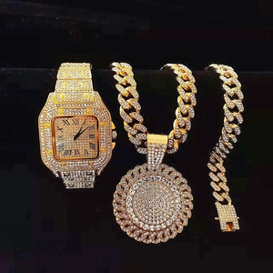 3 uds Iced Out collar pulsera Relojes Rhinestone 13MM Miami cadenas cubanas colgantes Bling <span class=keywords><strong>reloj</strong></span> de <span class=keywords><strong>oro</strong></span> <span class=keywords><strong>para</strong></span> hombres conjunto de joyería - Product Image 2