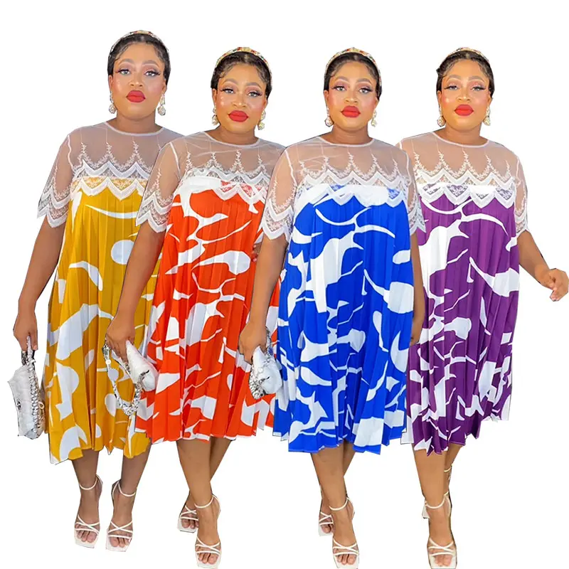 女性のためのエレガントなルーズサマーカジュアルアフリカンドレスシックなポリエステルダシキプリント半袖ラウンドネックフリルアンカラドレス