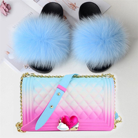 Ensembles de pantoufles en vraie fourrure de renard personnalisées pour femmes, avec sacs à bandoulière en PVC imperméable et pantoufles fourrées tendance