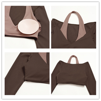 Haut de sport pour femme à col halter, effet deux pièces, manches longues, rembourré, col en V, très élastique, coupe courte, pour Pilates, gym et course à pied