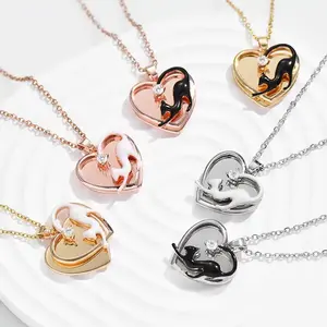 Luxury Mini Diamond Titanium Steel Necklace for Women's Gold Plated Cat Double Layer Stainless Steel Pendant Necklace