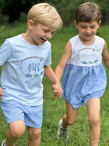 Ensemble de shorts en vichy bleu pour <span class=keywords><strong>petit</strong></span> garçon d'été, t-shirt blanc pour garçon, tenue deux pièces assortie, bébé garçon monogramme bulle - Product Image 2