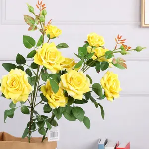 Qihao rosas artificiais com 5 cabeças, flor de veludo vermelho e amarelo, para casamento doméstico