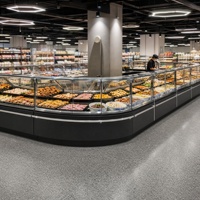 Comptoir de service modulaire à corps large pour traiteur, avec vitrine relevable modulaire à emboîter pour projets de supermarchés