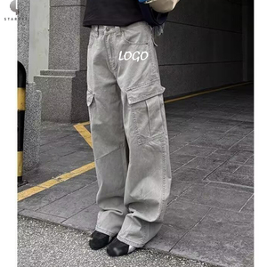 Pantaloni <span class=keywords><strong>Cargo</strong></span> da <span class=keywords><strong>donna</strong></span> con grande tasca a vita alta da <span class=keywords><strong>donna</strong></span> larghi pantaloni di jeans lavati Casual da <span class=keywords><strong>donna</strong></span> - Product Image 1