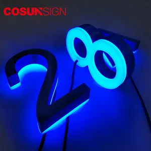 Hot Outdoor 12" Metal Brushed Nickel 3D Illuminated Sign Backlit Stainless Steel Light Up Brass Floating Modern Led House Number