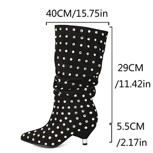 Big Size 46 Pleated Upper Mid Calf Boots Pointed Toe Suede Shoes Women Low Spike Heels Bling Rhinestone Half Knee High <b>Booties</b> - Product Image 6