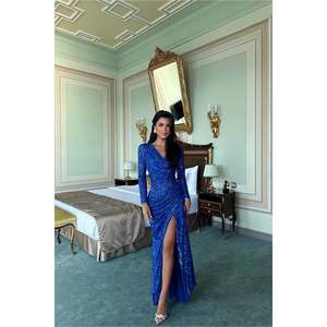 เอโย ชุดราตรียาวสีน้ำเงินกรมท่า แขนยาว ประดับเลื่อม สง่างาม ทรงเอ เรียบง่าย ประกายวิบวับ สำหรับงานปาร์ตี้อย่างเป็นทางการ - Product Image 1