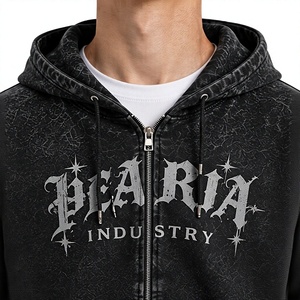 Vintage Washed <b>Zip</b> <b>up</b> Hoodie <b>Men</b> French Terry Casual Streetwear Solid Loose Long Winter Custom Logo - Product Image 2