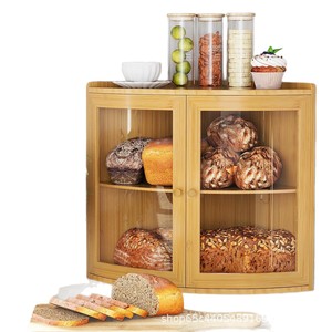 Boîte à pain en bambou à double porte, double compartiment, armoire de cuisine avec panneau acrylique pour le rangement du pain - Product Image 5