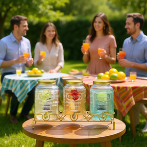 Lot de 3 distributeurs de boissons en verre de 2 gallons avec robinet en acier inoxydable, infuseur et support métallique pour fêtes, limonade, thé glacé - Product Image 2