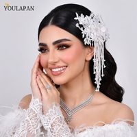 YouLaPan – Élégante coiffe de mariée en dentelle avec appliques florales et détails de pompons perlés pour la mariée, idéale pour les fiançailles et la réception