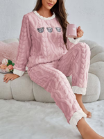 Pyjama d'hiver thermique en flanelle pour femme, 100 % polyester, 220 g, uni, ODM, avec cordon de serrage, col lisse, tricot doux, taille mi-haute, long