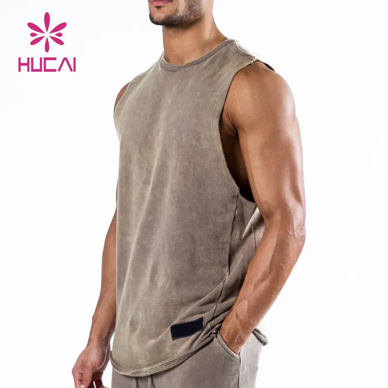 HUCAI individuelles Design Ihrer eigenen Stringer Herren mittleres Gewicht gewaschenes französisches Terry-Vlies abgeschnitten muskel-Fitnesskleidung Tanktop