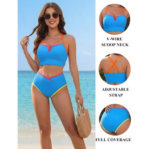 Conjunto de bikini deportivo de dos piezas para mujer, de cintura alta, con cuello en V, aros y control de abdomen, con bloques de color - Product Image 5