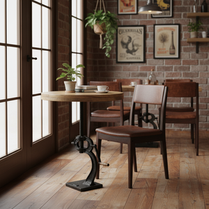 Vintage Restaurant Furniture Round Wooden <b>Table</b> Top With Cast Iron Height Adjustable <b>Dining</b> <b>Table</b> for Restaurant and Home - Product Image 3