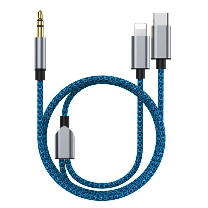 애플 안드로이드 폰 2-in-1 3.5mm type-c 8 핀 iso 오디오 AUX 어댑터 케이블 자동차 스피커 연결 나일론 변환기