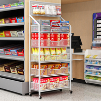 Étagère de présentation multi-usages en métal pour supermarché, 4 niveaux, autoportante, avec panneau perforé, personnalisable pour le rangement de snacks