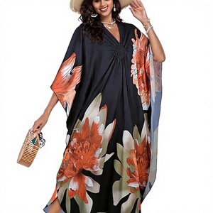 Floral Print Chiffon Maxi Dress V-Neck Batwing Sleeve Loose Boho <b>Summer</b> Casual <b>Kaftan</b> Dress - Product Image 1
