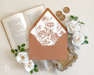 Busta <span class=keywords><strong>per</strong></span> Invito Matrimoniale <span class=keywords><strong>di</strong></span> Lusso in Terracotta Arancione con Inserto Floreale Botanico, Sigillo in Cera Dorata, Stampa Personalizzata Vintage - Product Image 1