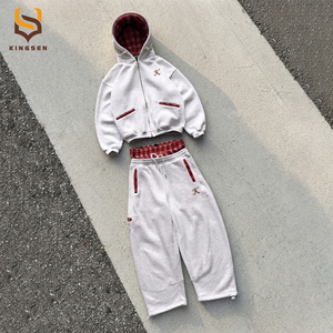 Custom Cotton Tracksuits Thick Fabric 500gsm Hoodies and <b>Sweatpants</b> <b>Set</b> Two Piece <b>Set</b> Heavyweight Plaid Inner Waist Sweatsuits - Product Image 3