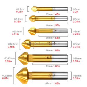 Juego de 6 brocas avellanadoras HSS de 90 grados y 3 filos, recubiertas de titanio, totalmente rectificadas, para desbarbado de metal y madera - Product Image 2