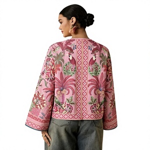 Veste décontractée pour femmes grandes tailles, style bohème, imprimé floral rose, col en V, fermeture à ruban, manches longues, style printemps - Product Image 2