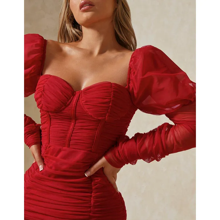New Year Christmas Party Dresses Wholesale Luxury Red Mesh Ladies Dresses Casual Sexy Backless Sexy Dress For Women