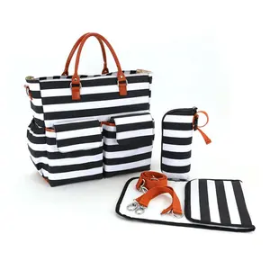 Conjunto de bolsas para fraldas, moderno designer de moda preto e branco listrado 3 em 1