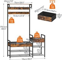 Rustique marron noir 5 en 1 porte-manteau en bois avec banc boîte de rangement à rabat patères porte-chaussures organisateur d'entrée
