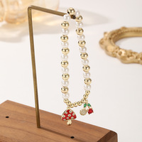 Pulsera con Colgante de Champiñones y Cerezas Rojos y Blancos para Mujer, Collar de Perlas y Cuentas Doradas, Diseño Exclusivo para Mejores Amigas