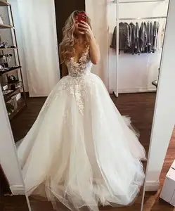 V Cổ Ren Đính Sheer Corset Tulle Váy Bóng Gowns Custom Made Bridal Wedding Dresses
