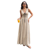Nuevo Vestido Largo de Verano Estilo Francés Vintage con Tirantes, Cuello en V de Contraste, Sin Mangas, con Cordones y Cintura Ajustada