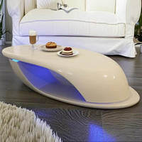 Table basse contemporaine de haute technologie, élégante, ovale, noire brillante avec bande lumineuse LED pour le salon