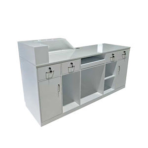 Comptoir <span class=keywords><strong>de</strong></span> réception <span class=keywords><strong>de</strong></span> bureau personnalisable <span class=keywords><strong>de</strong></span> haute qualité, durable, avec mur arrière en bois blanc, design moderne, fabriqué en Chine, emballé pour l'envoi postal - Product Image 6