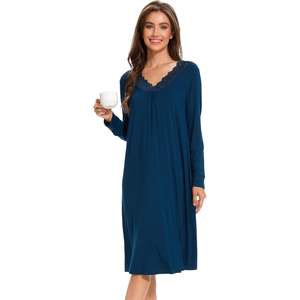 Chemise de nuit en bambou à col en V pour femme, robe de nuit à manches longues en dentelle, tenue de détente, pyjama, ensembles pour femme - Product Image 1